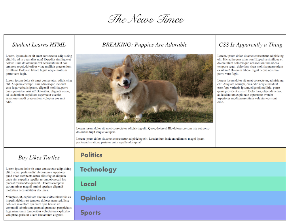 Similated news site, see example project for HTML and CSS version